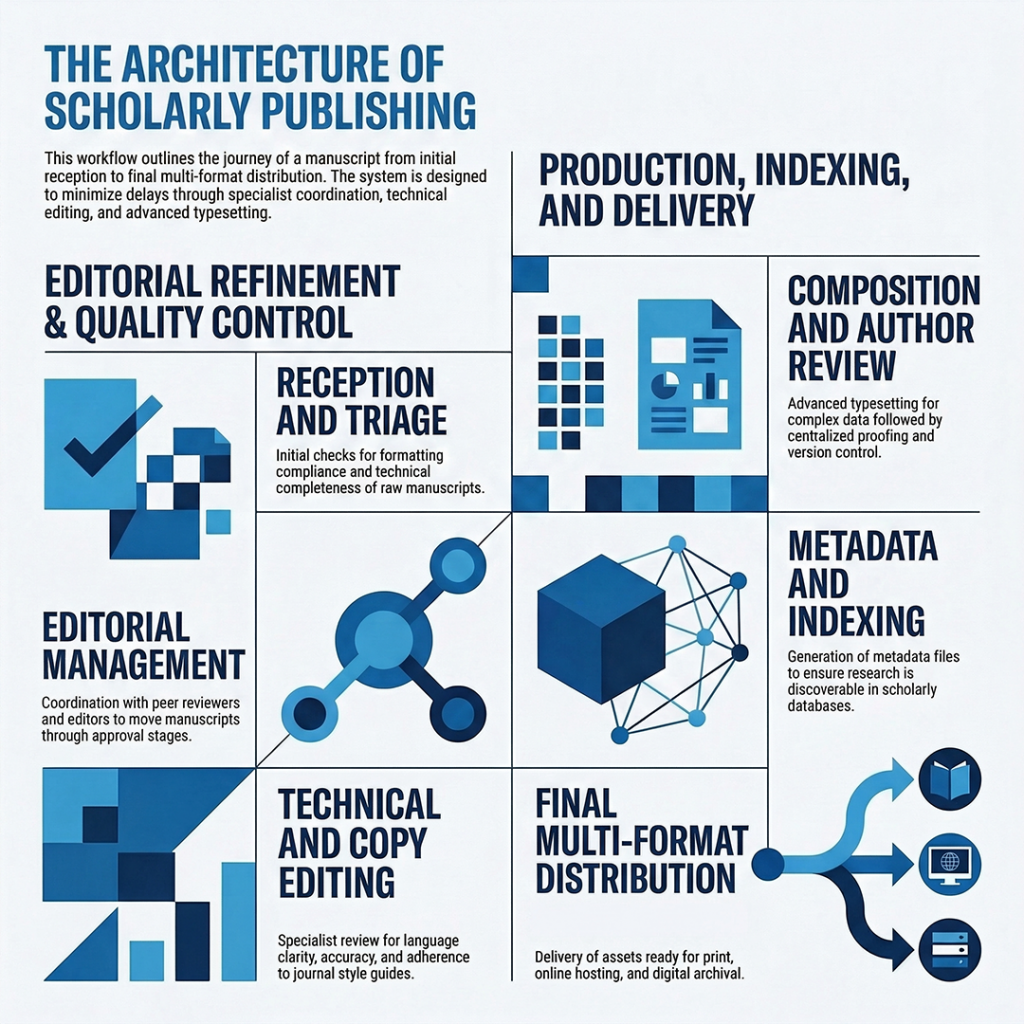 Journal production workflow infographic showing manuscript to publication steps